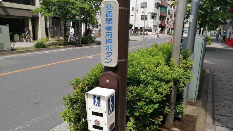 交通弱者用の押しボダンを併設した信号機もある（筆者撮影）