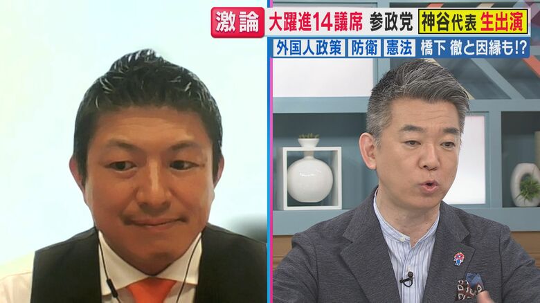 神谷代表と橋下徹氏（関西テレビ「旬感LIVE とれたてっ！」より）