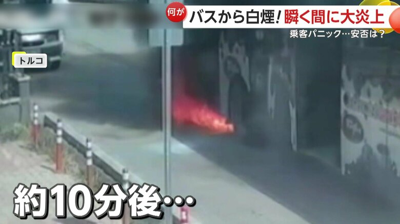 消火器を噴射した約10分後、再び燃え上がった真っ赤な炎