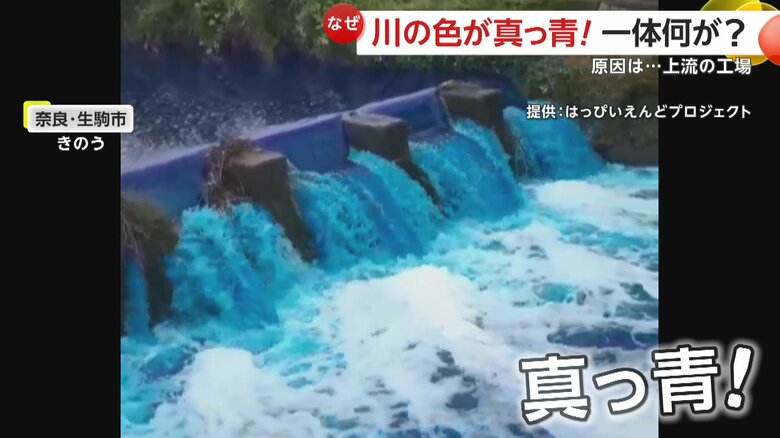 流れる水の色が真っ青に染まった川（11日、奈良・生駒市）