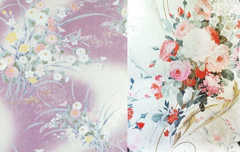 左は屏風や扇子でも見かける構図、右は羽毛布団の柄（写真提供：蔭山株式会社）