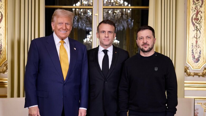 パリで3者会談を行ったトランプ大統領、マクロン大統領、ゼレンスキー大統領（2024年12月）