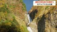 北アルプス・立山の麓、称名滝で紅葉が見ごろ　雨上がりの水たまりに「逆さ滝」が映り込む