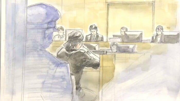 被告人質問時の山上被告の法廷内イラスト(2日)