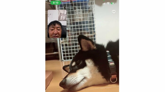 テレビ電話でチョコちゃんを見守るお父さん