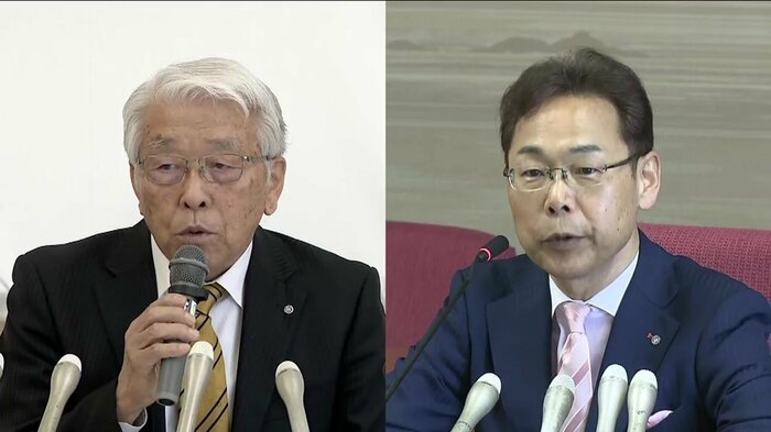 (左)岐阜県池田町の岡崎和夫町長 (右)愛知県東郷町の井俣憲治町長