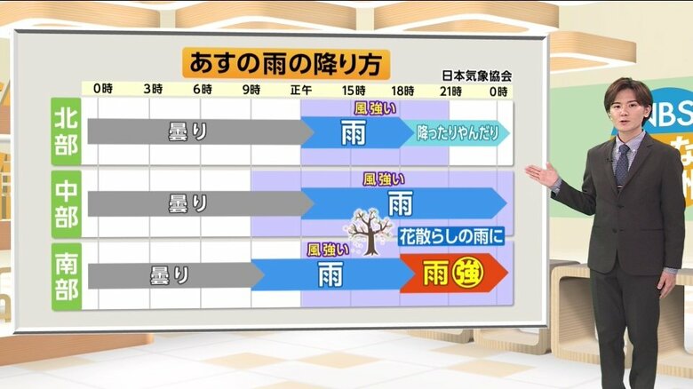 桜の開花進む　長野県内の週末の天気は？「土曜日の昼過ぎは全県で雨の予想。風も強まり南部では『花散らしの雨』に」「日曜日朝には雨が止む見込み」気象予報士が解説｜FNNプライムオンライン