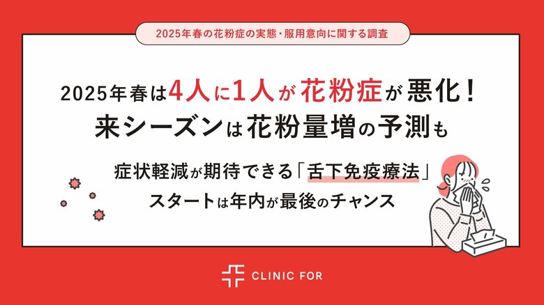 【調査】2025年春は4人に1人が花粉症が悪化！来シーズンは花粉量増の予測も　症状軽減が期待できる「舌下免疫療法」スタートは年内が最後のチャンス!