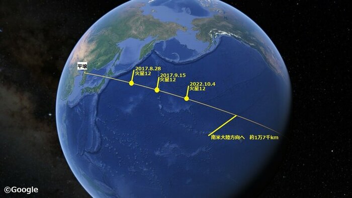 未来工学研究所 西山淳一研究参与の見解に基づく北朝鮮大陸間弾道ミサイル予想飛翔コース