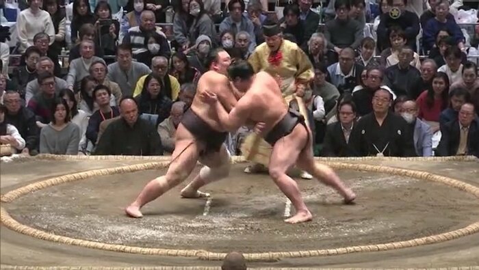 朝乃山と若元春の取組（24日）　日本相撲協会提供