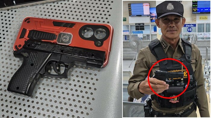 僧侶が所持していた拳銃型のスマホホルダー。拳銃に似た部分は取り外し可能だった