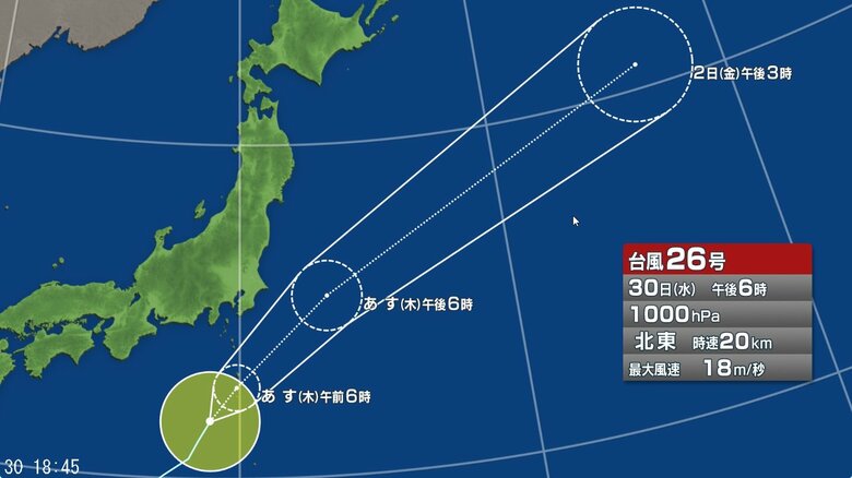 【台風情報】台風26号の進路予想　30日午後6時には八丈島の南南西約180キロ、中心気圧1000ヘクトパスカル　1日午前6時には青ヶ島付近、1日午後6時には千葉県銚子市の東約200キロに達する予想｜FNNプライムオンライン