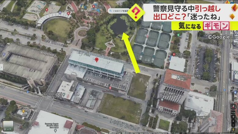 カモの親子が目指したのは警察署近くの公園の池