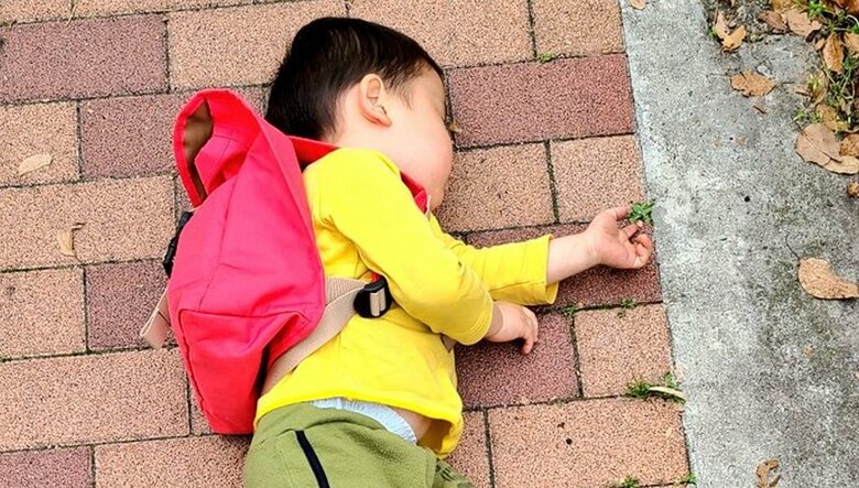 雑草をいじいじ。おなかもチラリ