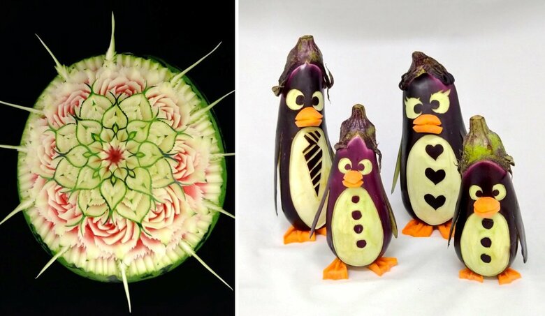 繊細な模様のスイカや、コミカルなナスのペンギン