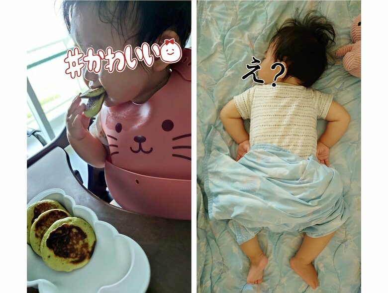 左：口がアヒルのくちばしみたい　右：寝姿のクセが強い（提供：EYさん）