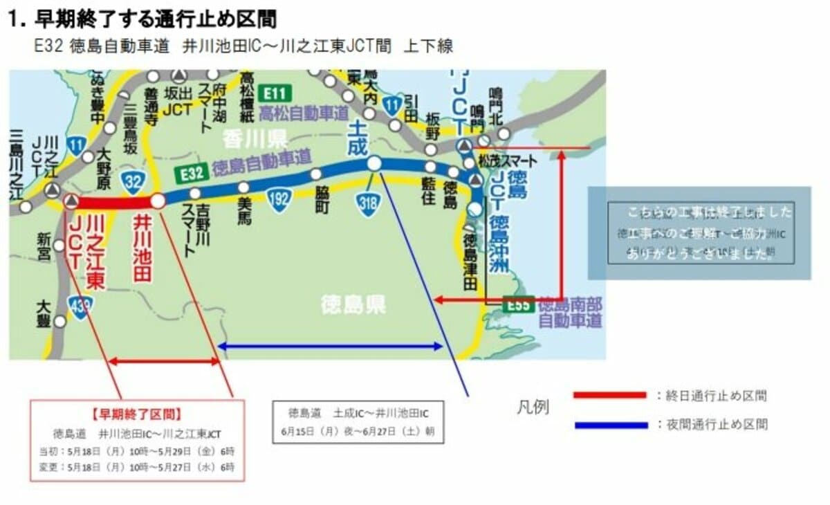 徳島道の集中工事に伴う終日通行止め 期間を2日短縮し、27日朝に