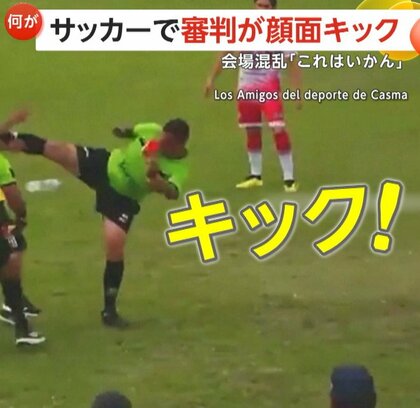 「落ち着け！これはいかん！」サッカー試合中に審判がコーチに“顔面キック”　スタジアム大混乱で試合中断　レッドカードに抗議で　ペルー