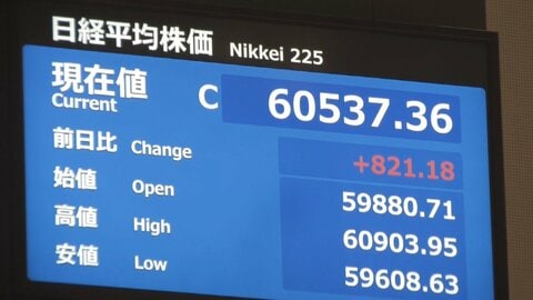 日経平均株価　終値で初の6万円超え　6万537円36銭で取引終了　NY市場のハイテク関連株上昇や中東情勢が和らぐとの見方で