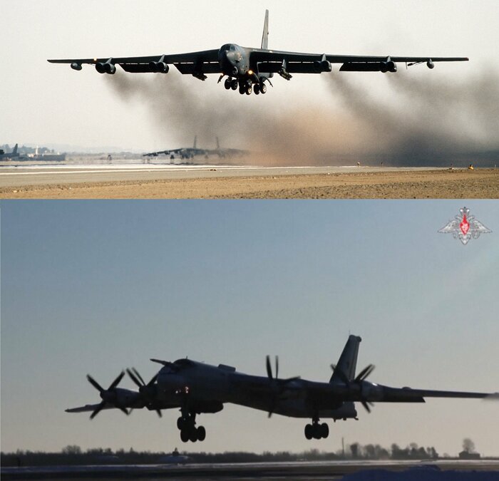 アメリカのB-52爆撃機（米空軍公式HPより）（上）・ソ連/ロシアのツポレフ95爆撃機（下）