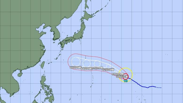 【台風情報】猛烈な勢力の台風13号の今後の進路予想は　「猛烈な勢力」で8月1日に南鳥島近海、「非常に強い勢力」で4日に小笠原近海、5日に日本の南に達する見込み｜FNNプライムオンライン