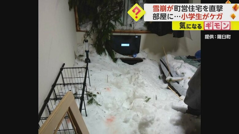 雪が流れ込んだ部屋。窓の外には押し流された木が見える