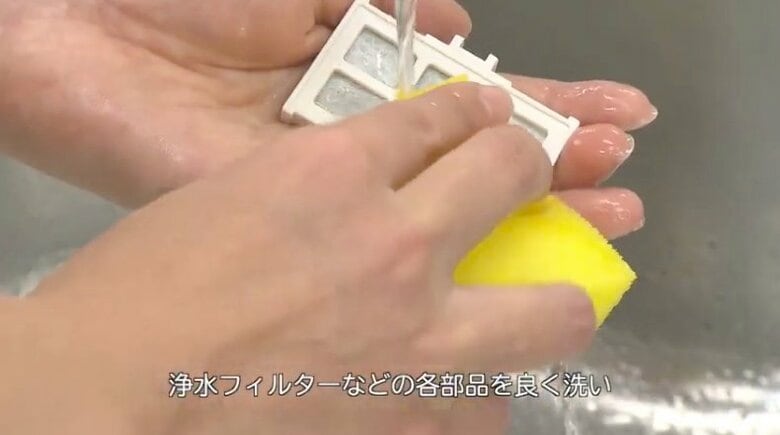 浄水フィルターはやわからいスポンジで水洗い（提供：日立グローバルライフソリューションズ株式会社）