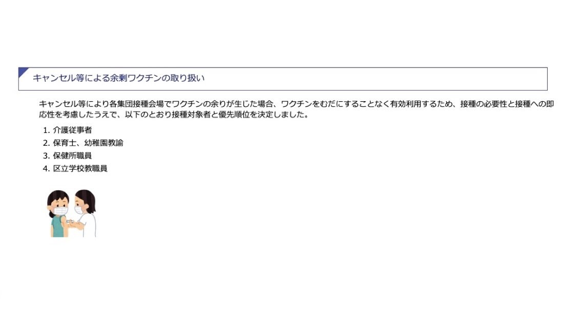 品川区 新型コロナワクチンの予約キャンセル分を介護従事者や保育士らに接種の方針