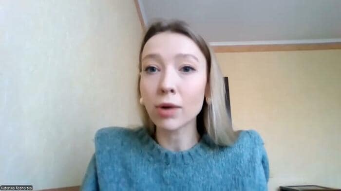 ウクライナ・キーウで取材に応じるラシェフスカ氏