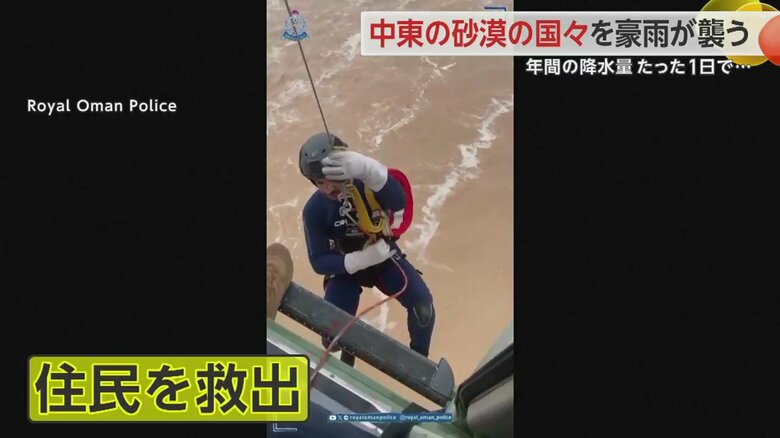 ヘリから降下した救助隊員が濁流にのまれた人を救助する一部始終