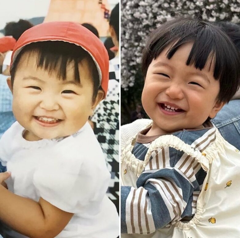 左はお母さん、右は息子さんの写真なのだが…まるで同一人物？