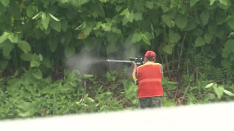 クマに猟銃を発砲する猟友会