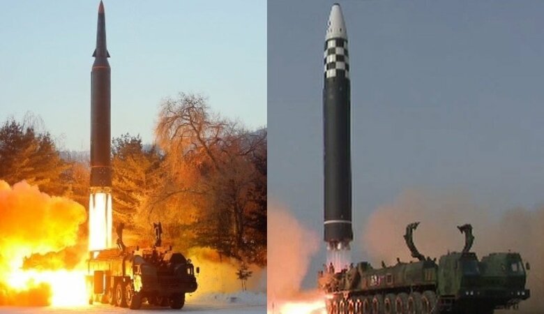 北朝鮮版"極超音速ミサイル"(左)(2022年1月発射) 北朝鮮・火星17型大陸間弾道ミサイル(右)