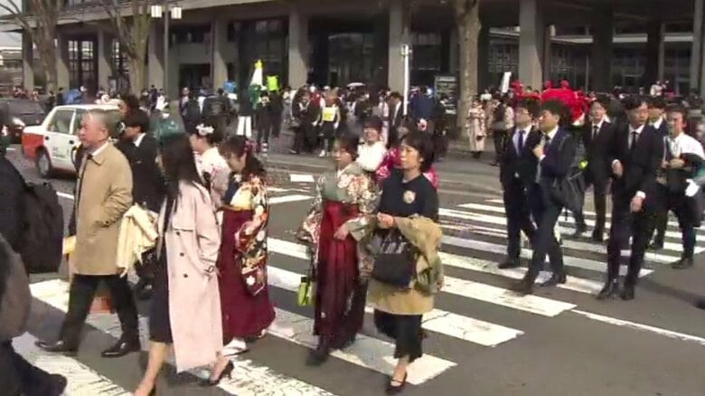 卒業式会場へ向かう人たち