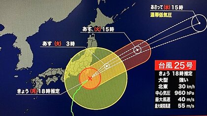 【台風25号】今後の進路予想（21日午後6時推定）　関東南部で24時間に最大200ミリの雨予想　伊豆諸島で最大風速40メートル予想…一部の住宅が倒壊の恐れ