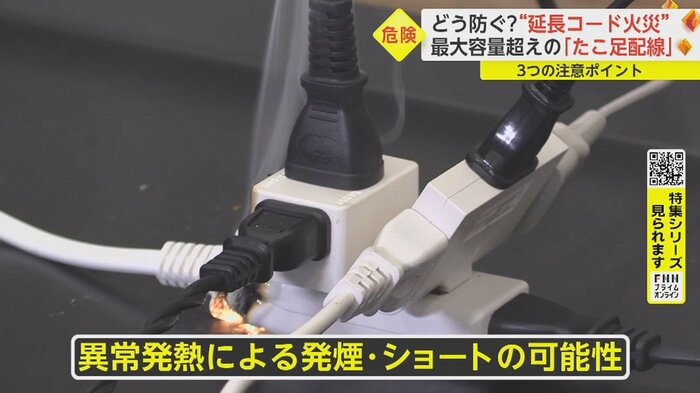 電源タップから煙が上がり始め、火花が散っている