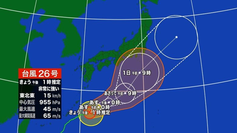 【台風情報】非常に強い「台風26号」は1日に関東などに接近か 今後の進路は日本の南を東北東へ進む見込み うねり伴う高波や暴風に警戒を|FNNプライムオンライン