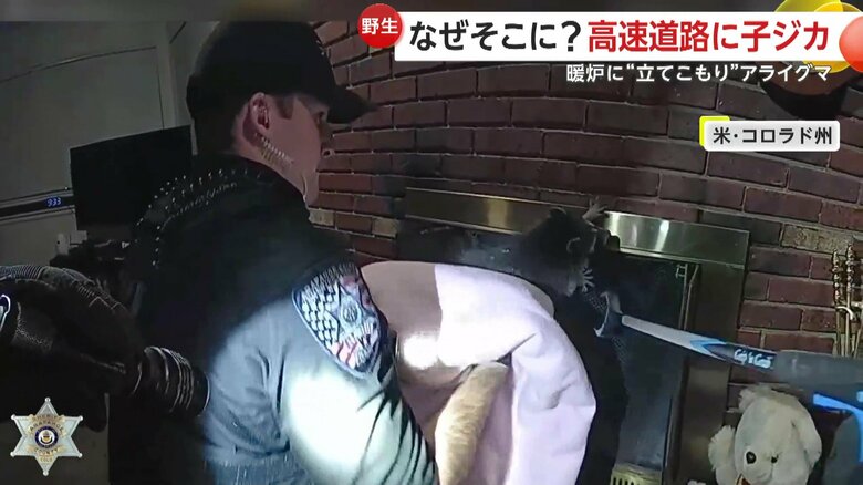 暖炉に向け、何やら「おーい…。出てきてくれないかい？」と話しかける男性警察官