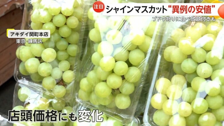 税込645円で売られているシャインマスカット（東京・練馬区のスーパー、アキダイ関町本店）