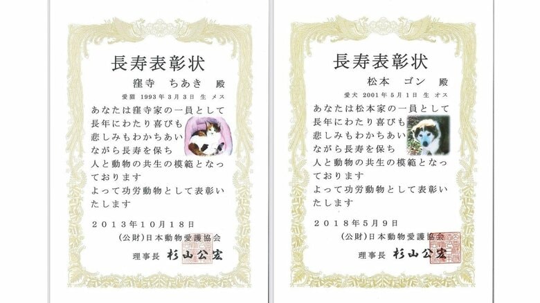 長寿表彰状の例（日本動物愛護協会のウェブサイトより）