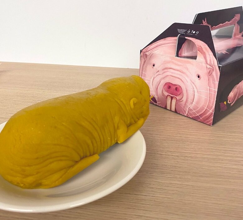 箱の側面と向き合うハダカデバネズミスイートポテト　提供:AQUARUMU×ART átoa