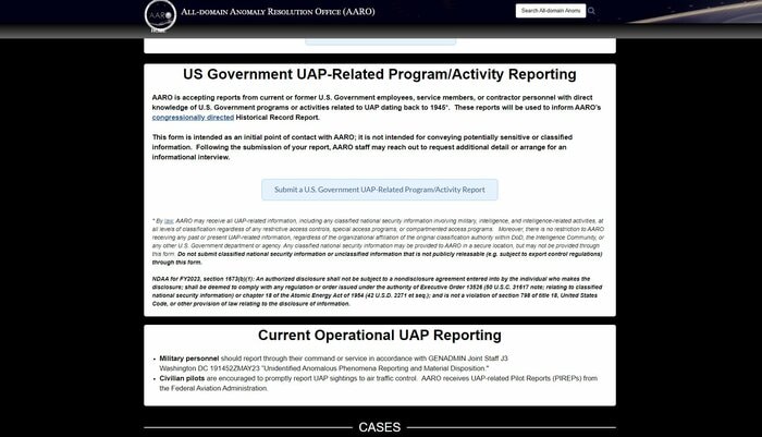 AARO(全領域異常対策室)はウェブサイトで関係者から情報提供を受け付けている