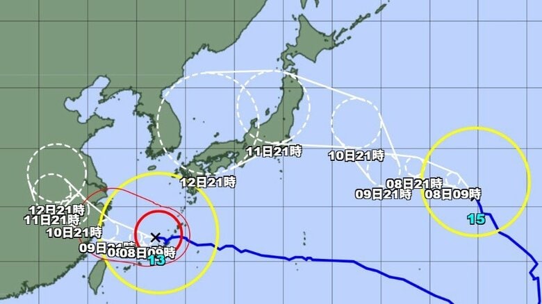 【台風情報】ダブル台風の今後の進路予想は　台風13号は非常に強い勢力で沖縄本島地方や奄美地方にかなり接近　台風15号は8日午後9時には日本の東に達する見通し｜FNNプライムオンライン