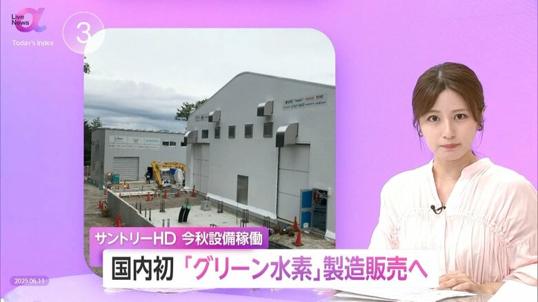国内初「グリーン水素」製造販売にサントリーHD参入…地下水を再エネの余剰電力で分解しCO2排出ゼロ、地産地消エネルギーとして期待｜FNNプライムオンライン