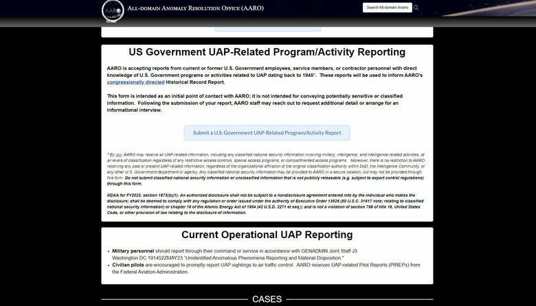 AARO（全領域異常対策室）はウェブサイトで関係者から情報提供を受け付けている