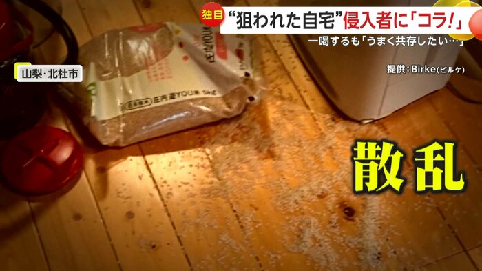 米袋が破られ、室内に米が散乱