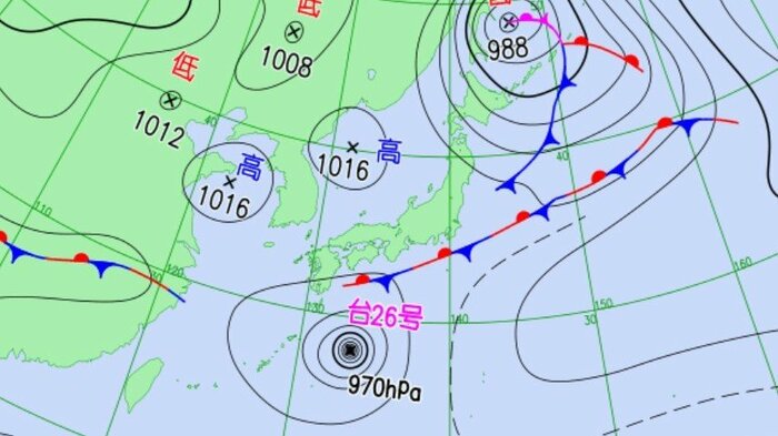 天気図　29日午前9時の予想　気象庁HPより