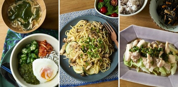 左から、2日目朝食・昼食・夕食(撮影/邑口京一郎 スタイリング/なかざわひろ美)