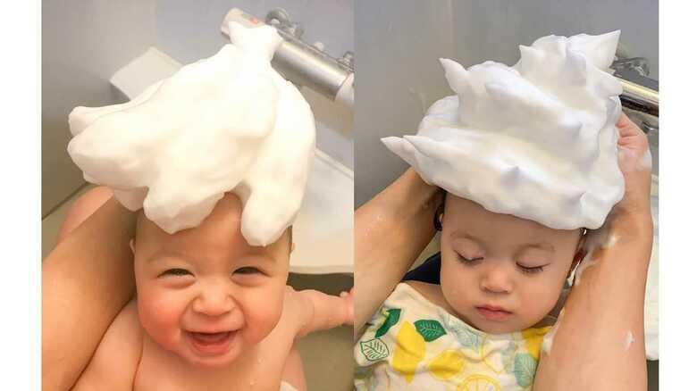 お風呂で赤ちゃんも笑顔“頭上の泡アート”に癒される…バナナ・サザエに150種類超｜FNNプライムオンライン