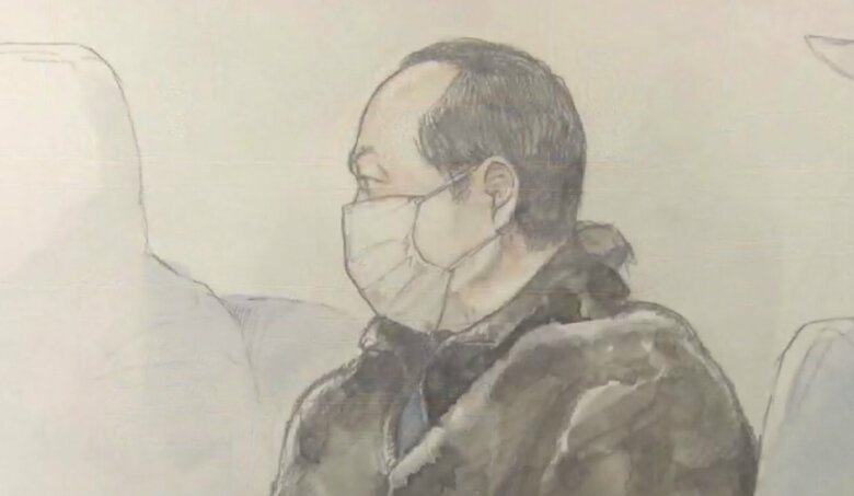 1審公判での松尾被告（法廷内イラスト）